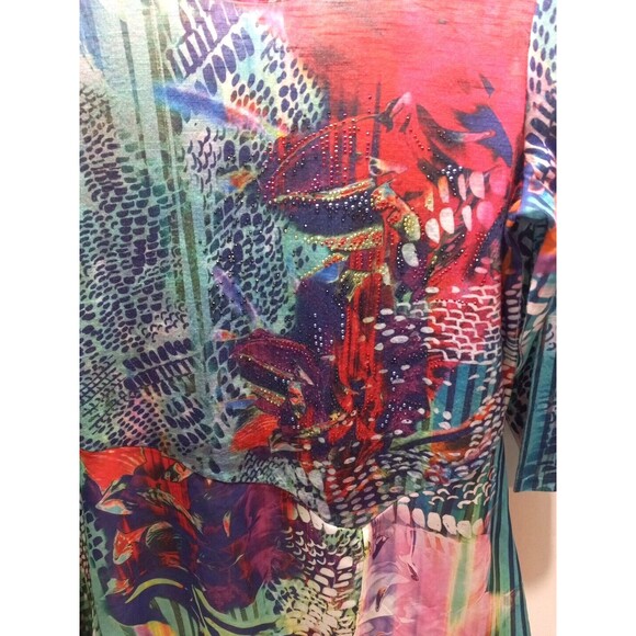 French Blue Blouse Small Colorful Boho Metallic Sheer 3/4 Sleeve Asymmetrical - Picture 4 of 9